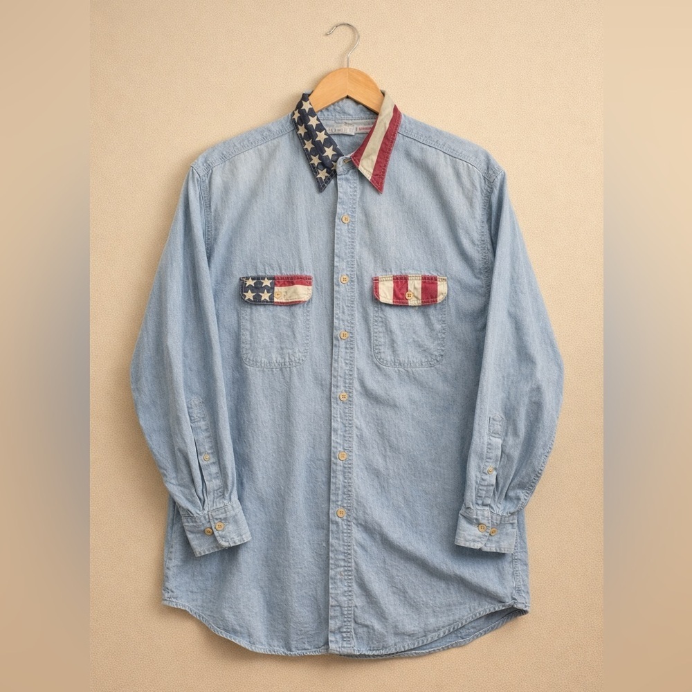 Chambray Blue Denim Shirt with Flag Accents Shaper Image Large